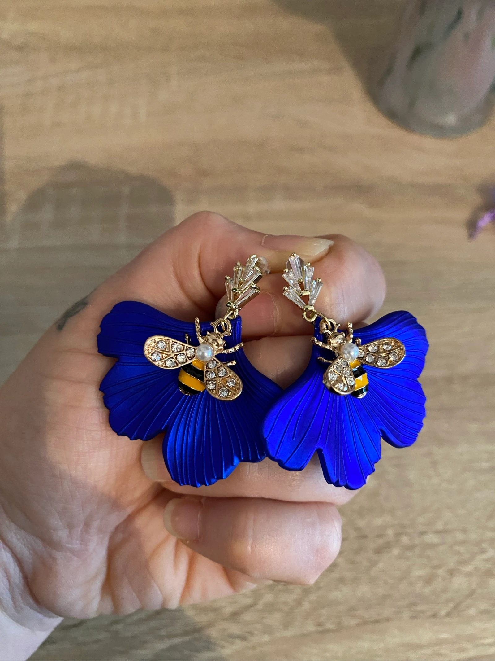 🌙 Pendientes Gingko azul real y abeja dorada ✨ – photo 2